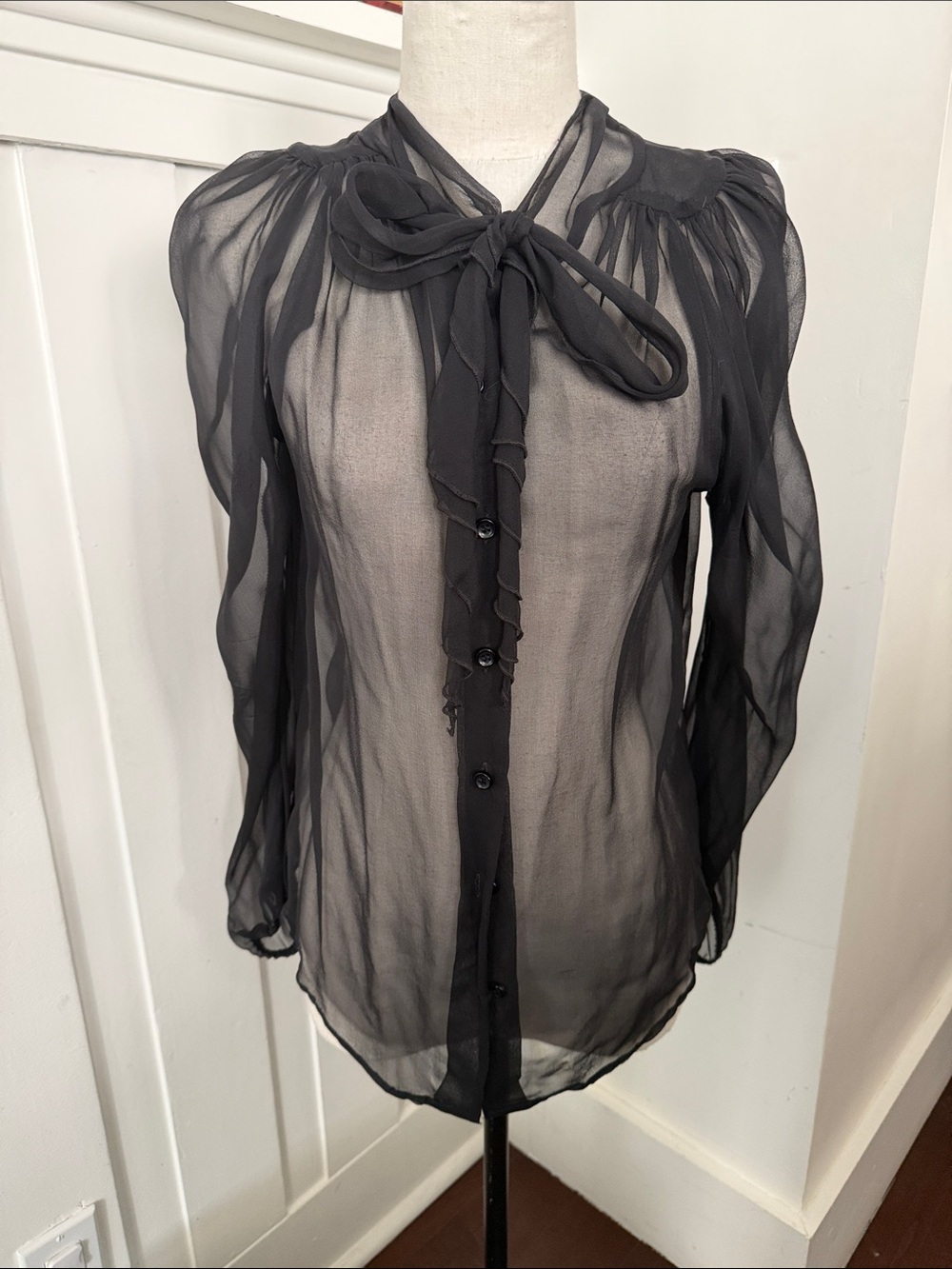Eight Sixty Black Sheer Bow-Front Button Down Blouse